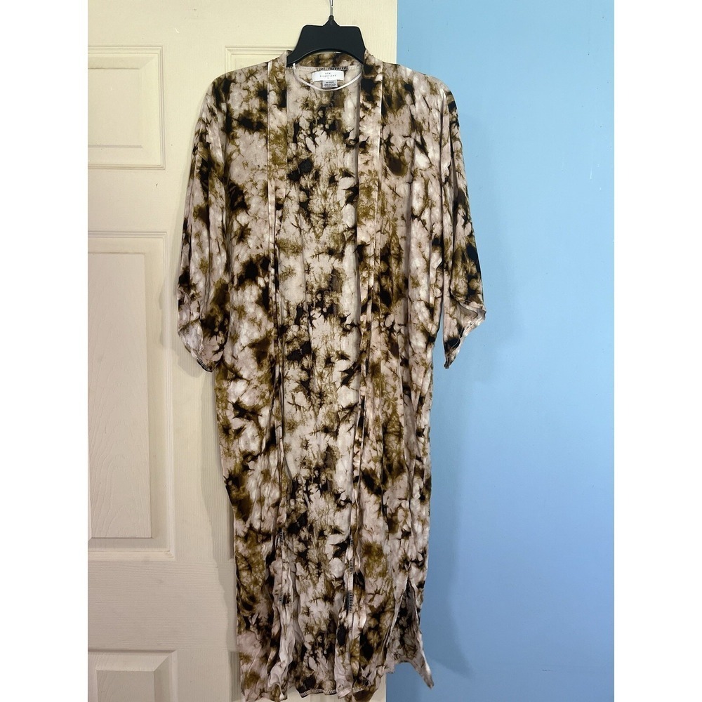 New Directions Tie Dye Kimono Cardigan OS Olive Green Boho Open Front Duster